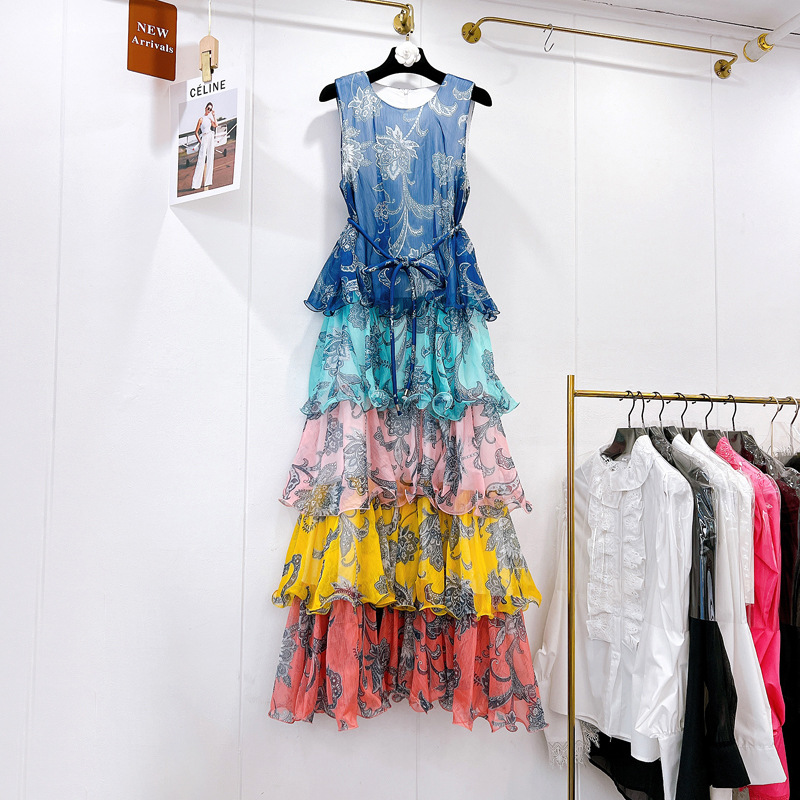 Thirteen lines Bohemian retro hanging neck sleeveless design layered ruffle edge cake vest long skirt A3 # 5555