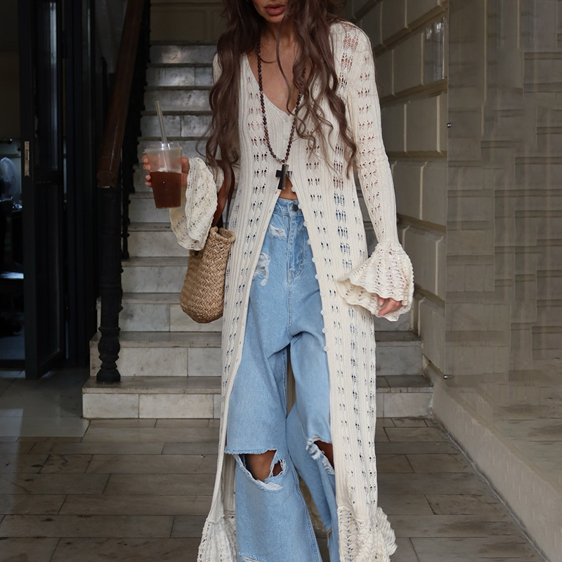 European and American cross-border sexy long jacket 2025 new solid color knitted flared sleeve design feeling slimming windbreaker women's autumn European and American cross-border sexy long jacket 2025 new solid color knitted flared sleeve design feeling slimming windbreaker women's autumn