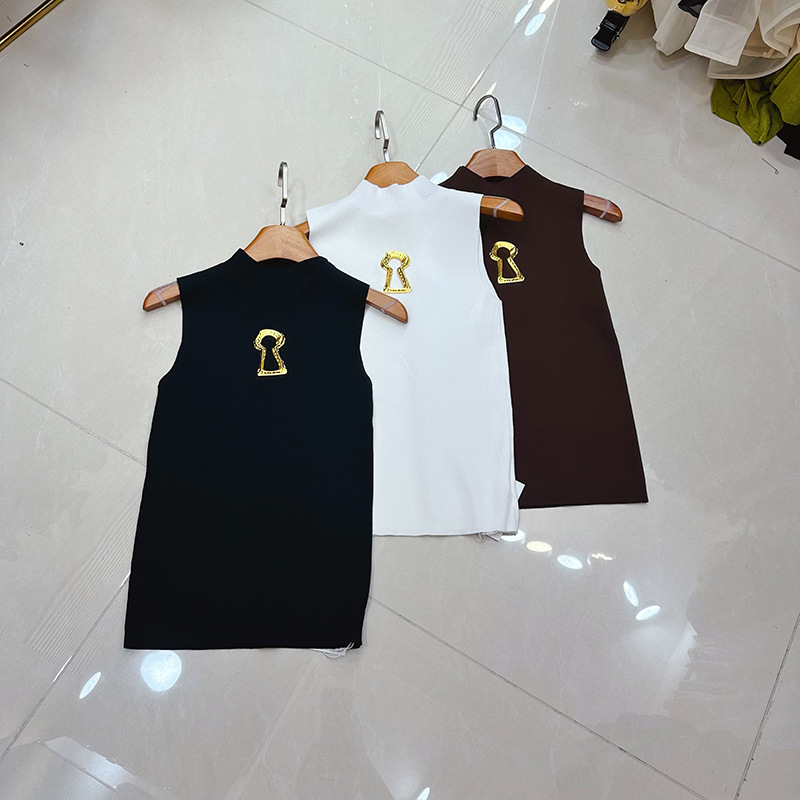 Thirteen Rows New French Retro Style Metal Buckle Decoration Slim Fit and Versatile Knitted Tank Top A1 # 8569