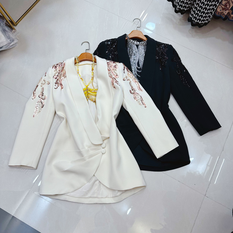 Thirteen Rows New European Station Diamond Decoration Shining Heavy Industry Embroidery Cocoon Loose Suit Long Sleeve Coat A2 # 831