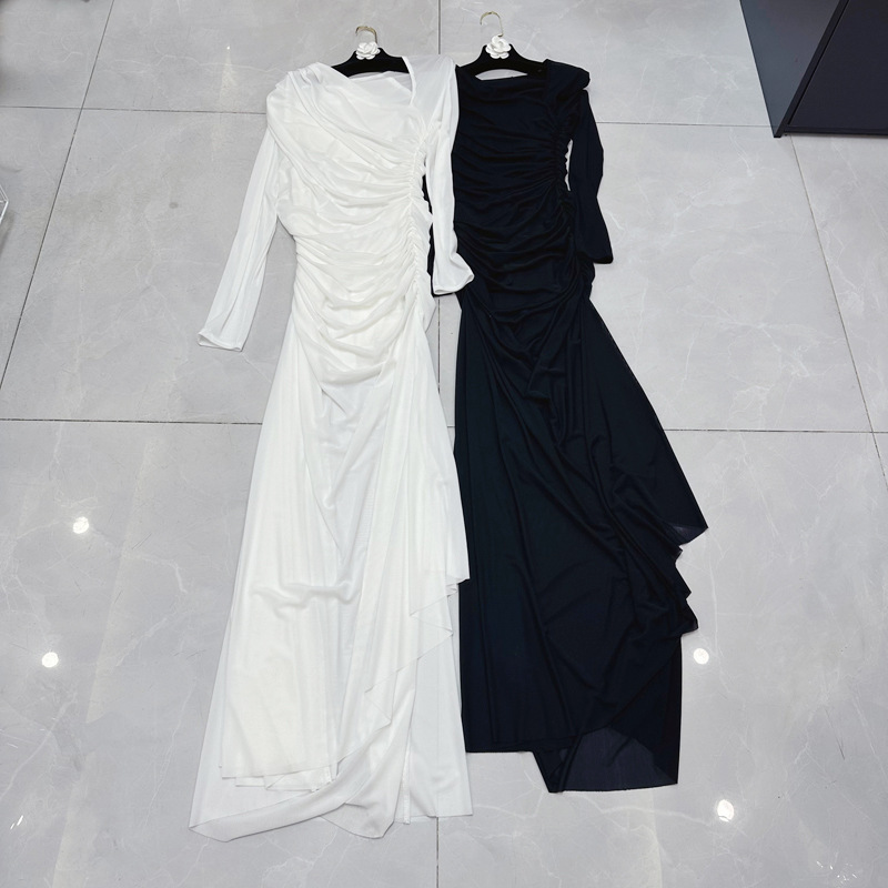 Thirteen elements of fashion~Australian French niche long sleeved diagonal V-neck pleated irregular dress C1 # 1609