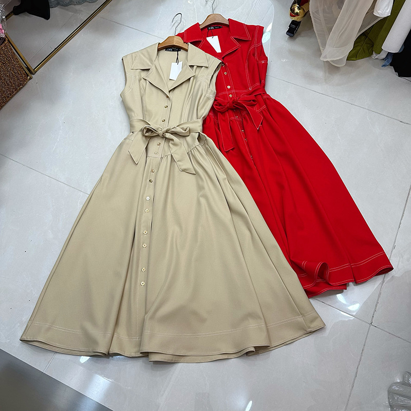 Thirteen line Australian niche open line design with lace up waist buckle khaki sleeveless dress A1 # 8576