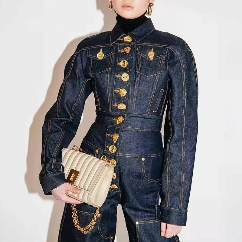 European and American style street jacket 2025 new long sleeved lapel single breasted line design, denim clothing, women's trend