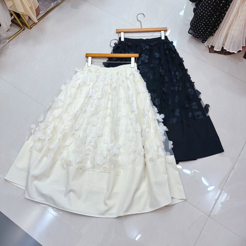 Thirteen Rows Australian niche new product dark three-dimensional flower mesh splicing elastic waist A-line skirt A2 # 8505