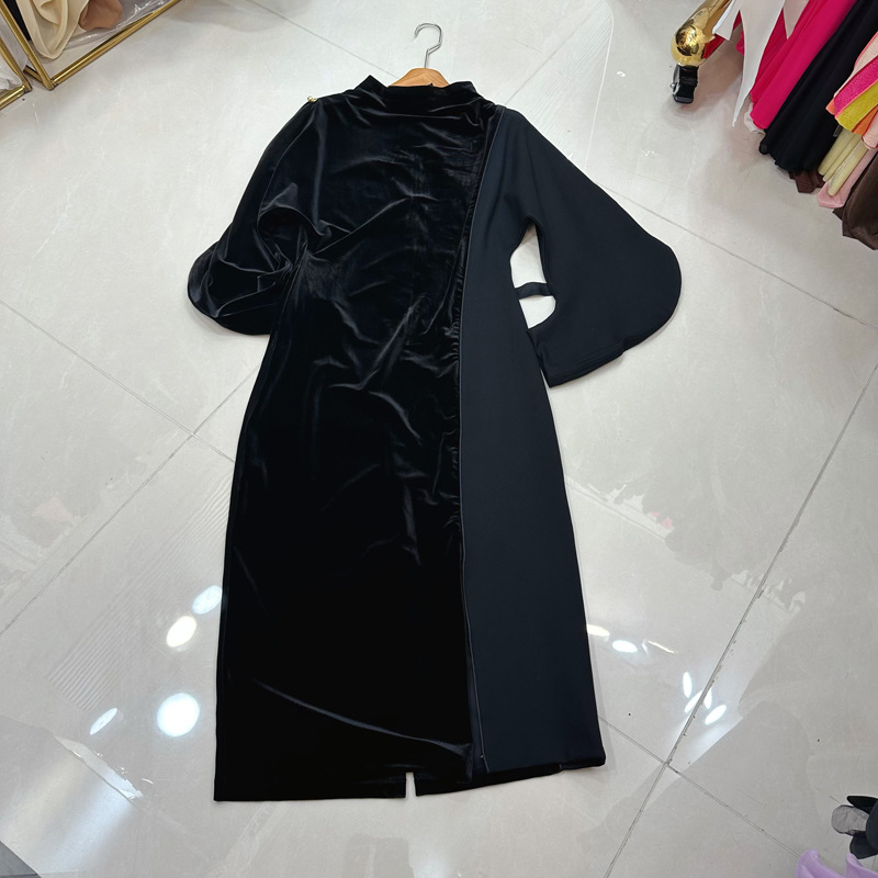 Thirteen line Australian stand up collar shaped hollow long sleeved velvet patchwork French elegant style dress A2 # 8521