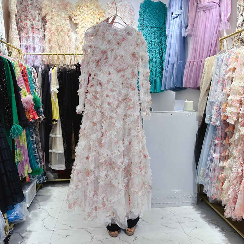 Thirteen Rows European Station French New Fashionable Mesh Black Fungus Woven Round Neck Long Sleeve Heavy Industry Dress A3 # 5218 Thirteen Rows European Station French New Fashionable Mesh Black Fungus Woven Round Neck Long Sleeve Heavy Industry Dress A3 # 5218