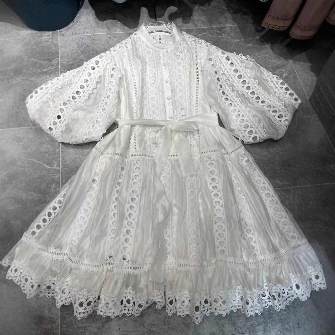 Thirteen Rows Australia New Lantern Sleeve Love Hollow Lace Single breasted Loose Short Skirt Dress A3 # 9070