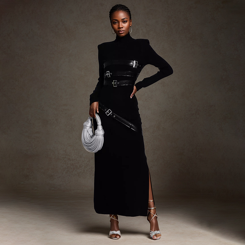 Australian fashion brand stand up collar long sleeved dress, 2025 autumn new style, high-end feeling, spliced lace up design, slim fit long skirt