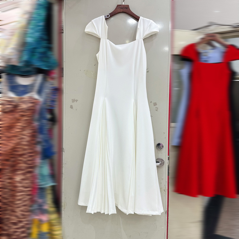 Thirteen line Australian mature socialite elegant slimming pleated solid color French square neck dress long C1 # 2102