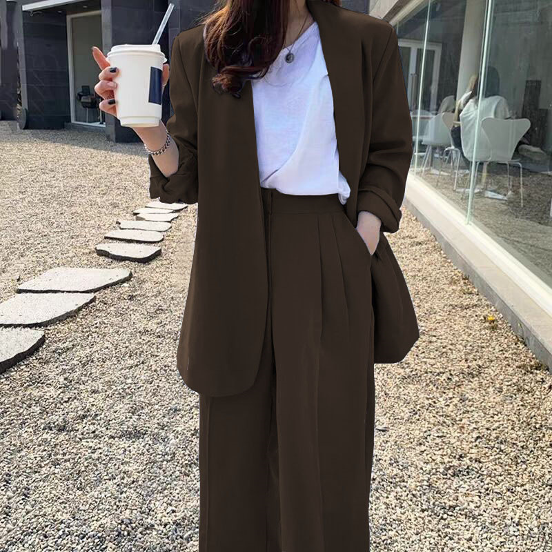 Wide leg pants suit set for women 2025 Spring and Autumn Korean edition fashion temperament British style casual street bombing professional small suit Wide leg pants suit set for women 2025 Spring and Autumn Korean edition fashion temperament British style casual street bombing professional small suit
