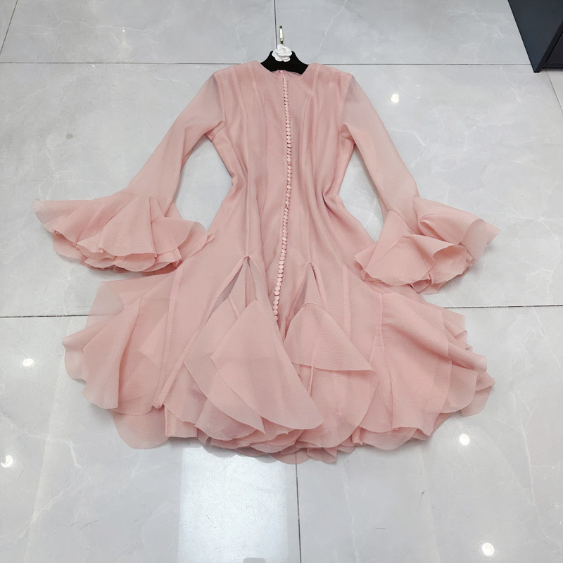 Thirteen line Vietnamese designer extended breasted long sleeved dress with petal fold cutting and gentle style skirt C1 # 1605