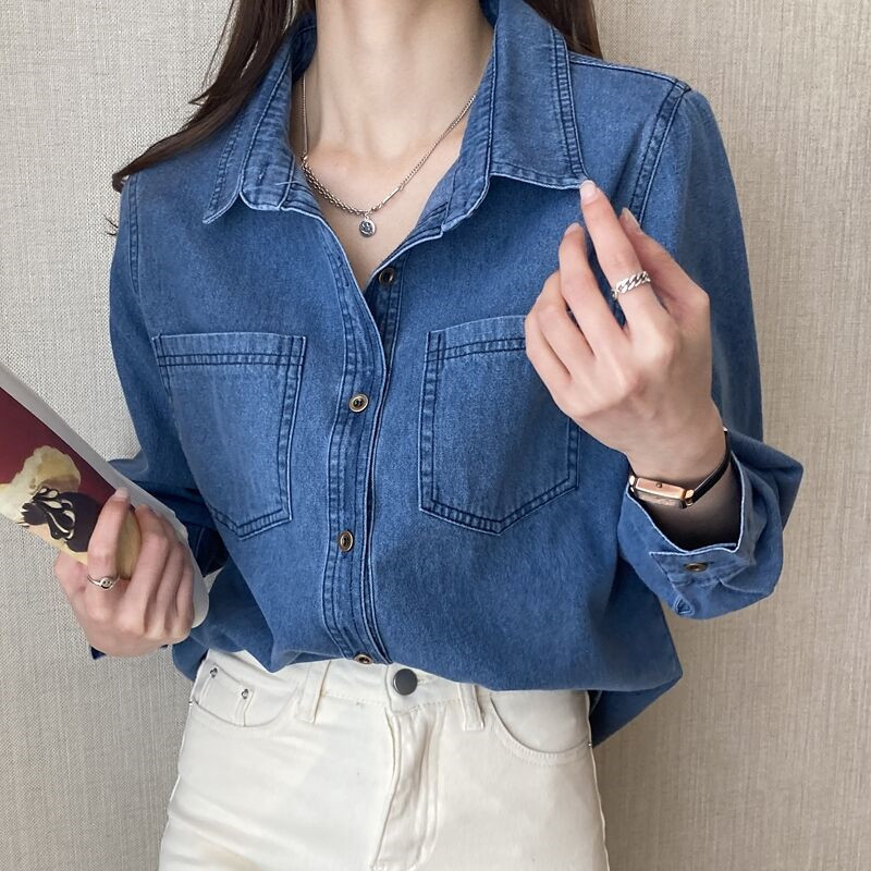 Deep Blue Retro Shoulder Port Style Soft Cowboy Shirt for Women's New Spring and Autumn 2025 Spring Fashion New Small Top Deep Blue Retro Shoulder Port Style Soft Cowboy Shirt for Women's New Spring and Autumn 2025 Spring Fashion New Small Top