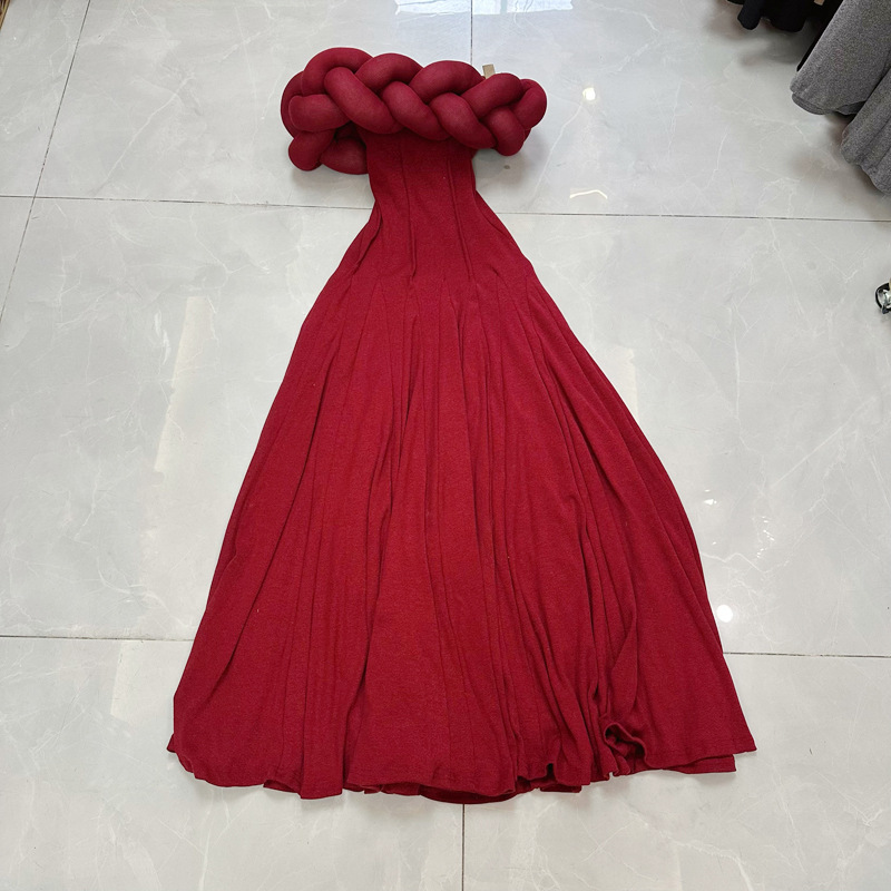 Thirteen line Vietnamese Fried Dough Twists knitting straight neck sleeveless waist pompon super long wool woven dress C1 # 1986 Thirteen line Vietnamese Fried Dough Twists knitting straight neck sleeveless waist pompon super long wool woven dress C1 # 1986