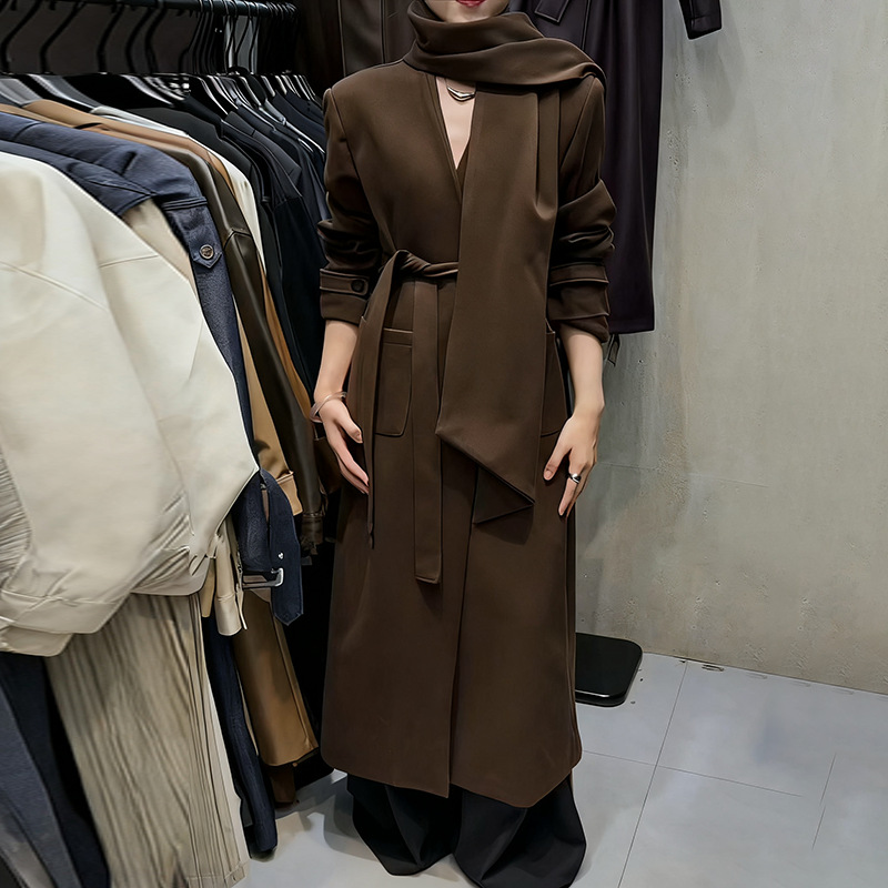 Simple and retro style coat 2025 new style with tie up waist scarf collar, solid color and high-end sense, women's windbreaker coat