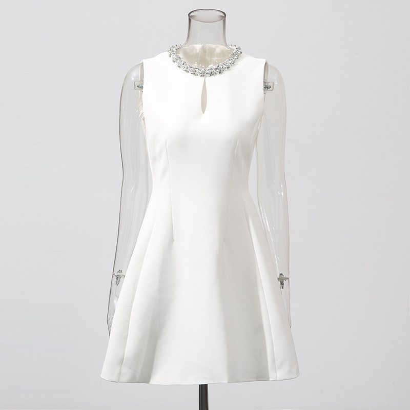 Australian fashion show style socialite style short skirt 2025 new round neck diamond studded sleeveless high-end waist cinching dress for women Australian fashion show style socialite style short skirt 2025 new round neck diamond studded sleeveless high-end waist cinching dress for women