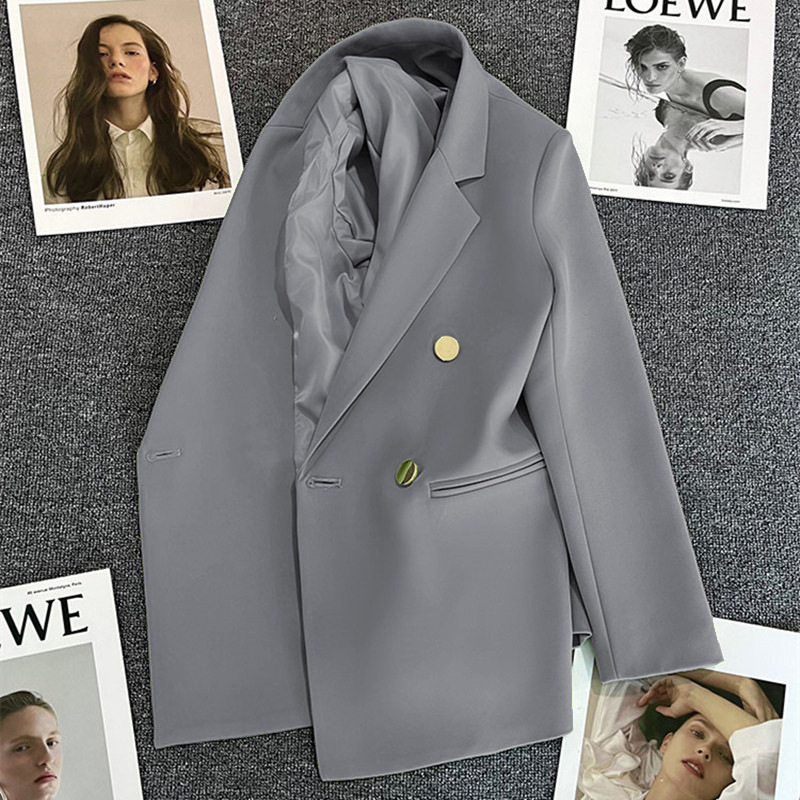 Spring suit jacket for women in 2025 Spring and Autumn, double breasted gray suit with slimming temperament, internet famous explosive street top for trendy women Spring suit jacket for women in 2025 Spring and Autumn, double breasted gray suit with slimming temperament, internet famous explosive street top for trendy women