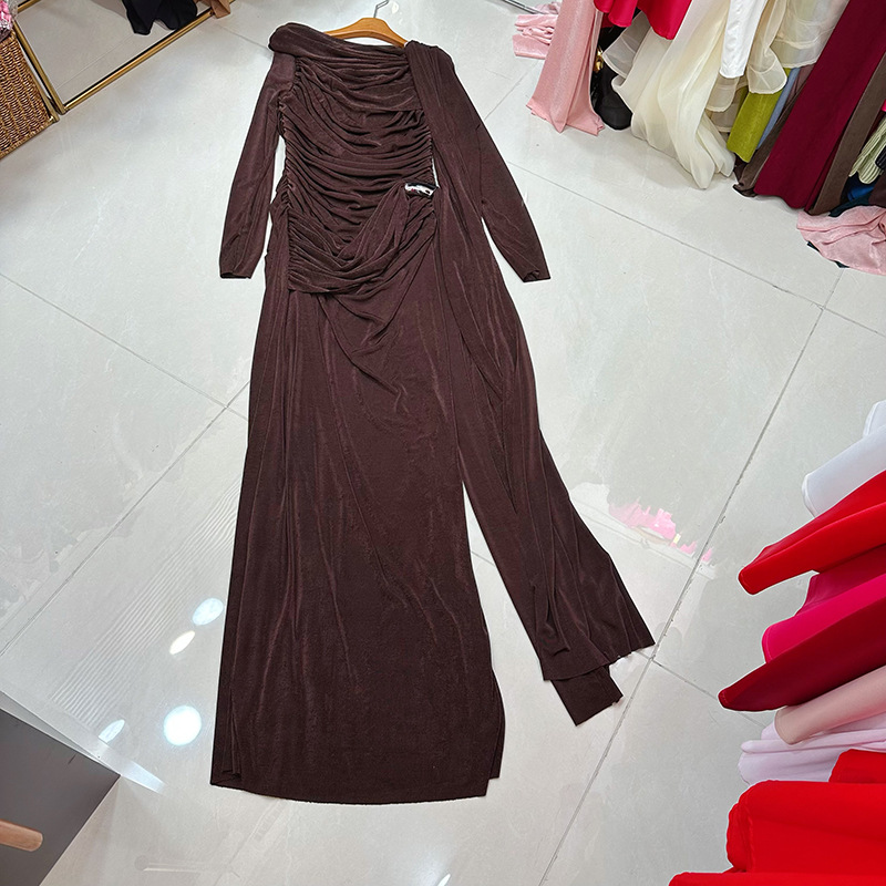 Thirteen line niche solid color pleated asymmetric dress, pleated dress, knitted ribbon long dress A1 # 8580