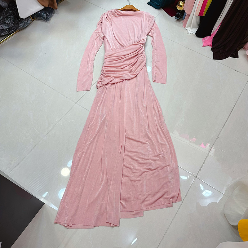 Thirteen line niche design knitted elastic long sleeved slim pleated light dress dress long skirt A1 # 8545