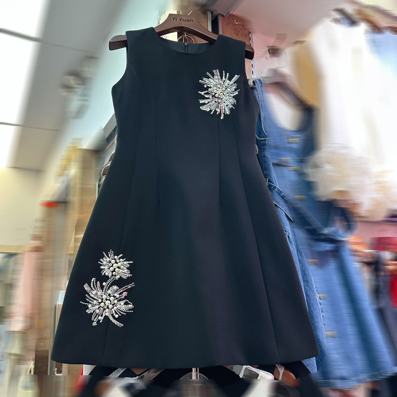 Thirteen line French high-end temperament heavy industry diamond flower decoration waist cinching short vest dress C2 # 2550