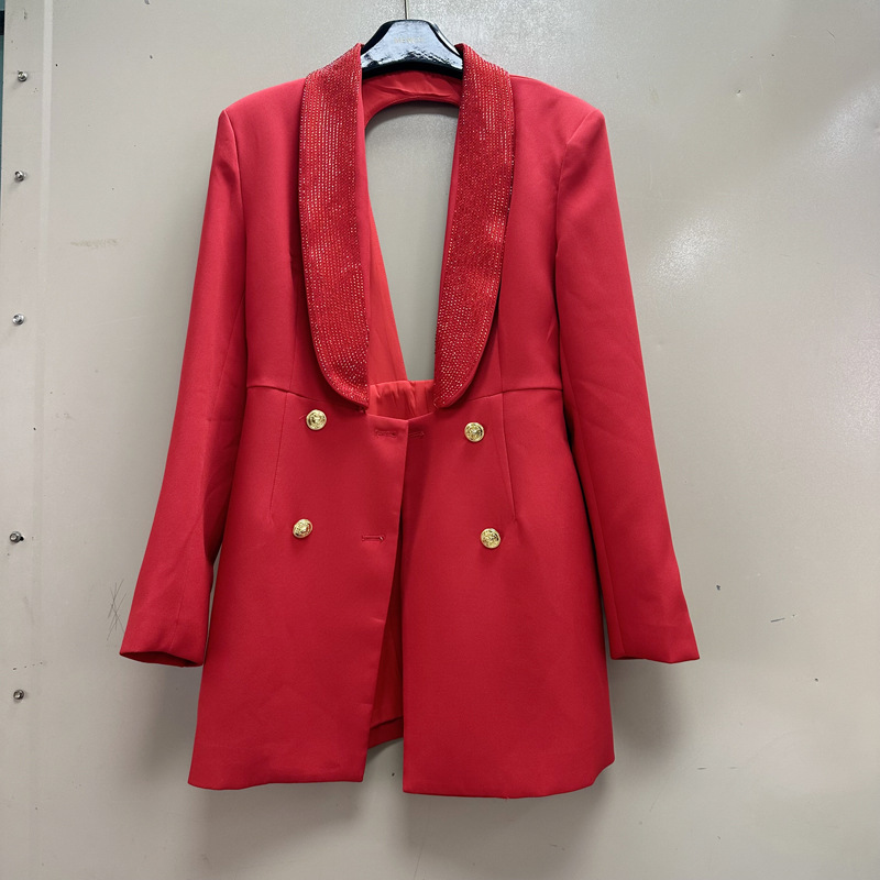 Thirteen lines of British style imperial sister Fan street shot hot diamond deep V suit collar, waist cinched, backless suit dress A3 # 8981