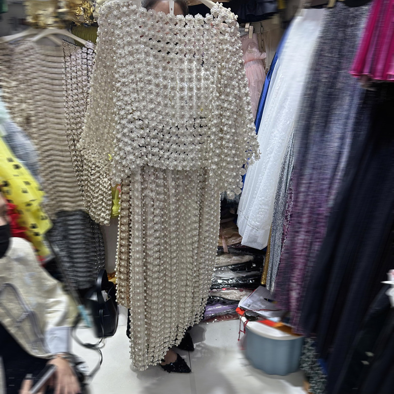 Thirteen line European and American perspective nail bead hollow water-soluble lace top+high waist skirt long skirt set A3 # 2277