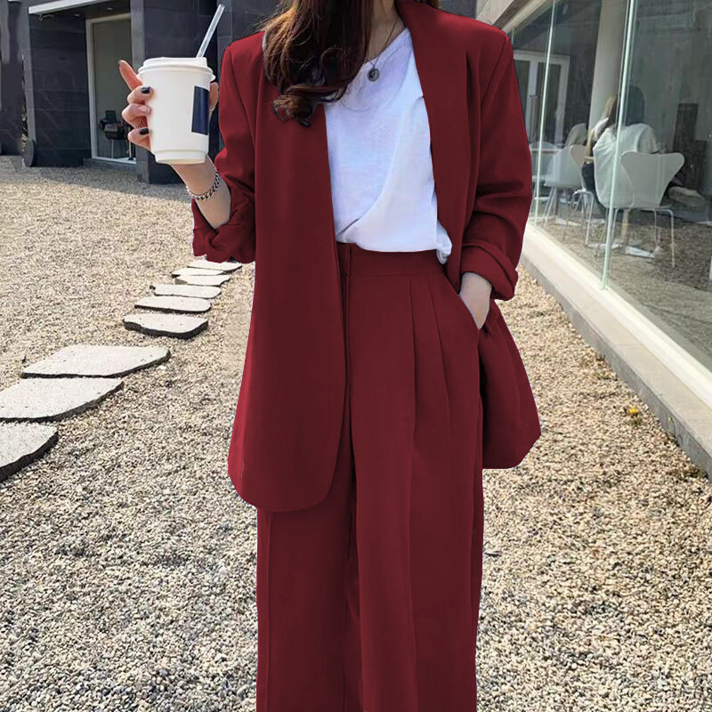 Wide leg pants suit set for women 2025 Spring and Autumn Korean edition fashion temperament British style casual street bombing professional small suit Wide leg pants suit set for women 2025 Spring and Autumn Korean edition fashion temperament British style casual street bombing professional small suit