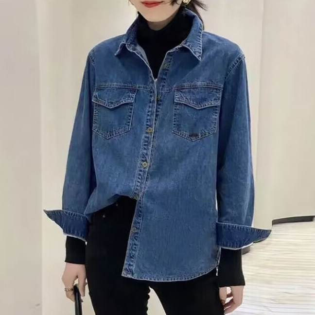Cowboy shirt women's long sleeved college style 2025 spring and autumn new item slim fit versatile Korean style denim shirt women's base shirt