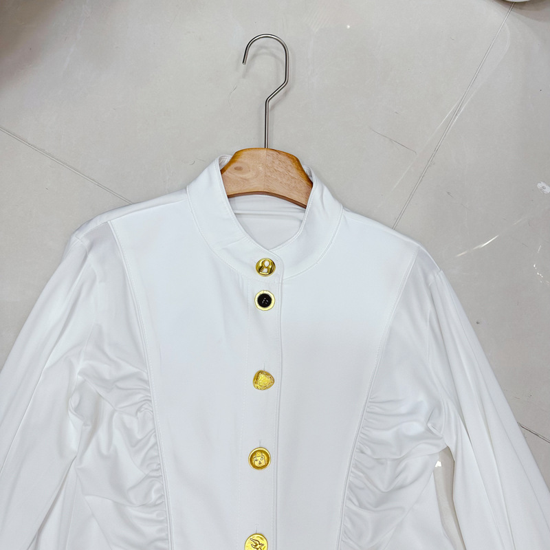 Thirteen line Australian niche stand up collar single row metal buckle design sense pinch pleated French niche dress A2 # 8386 Thirteen line Australian niche stand up collar single row metal buckle design sense pinch pleated French niche dress A2 # 8386