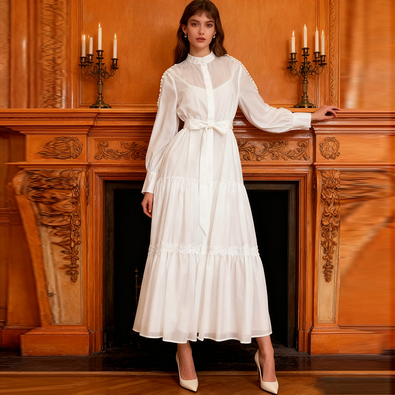 Light mature intellectual style mid length high waisted dress 2025 new solid color button neck long sleeved lace up waist style dress