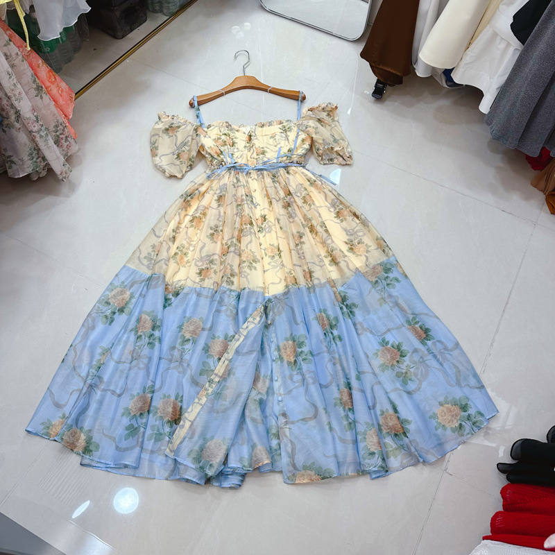 Thirteen Rows European Station French Long Style Simulated Silk Printed Buckle Retro Bubble Sleeve Dress A1 # 8020