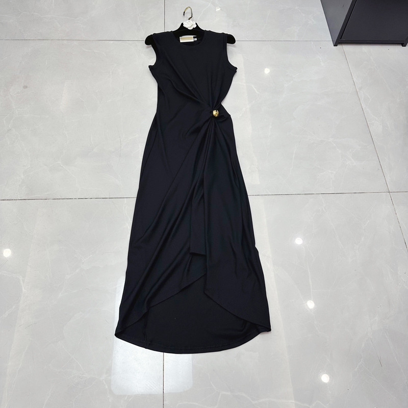 Thirteen Rows Vietnam's niche asymmetrical sleeveless round neck pleated waist vest dress, mid length dress C1 # 1615 Thirteen Rows Vietnam's niche asymmetrical sleeveless round neck pleated waist vest dress, mid length dress C1 # 1615