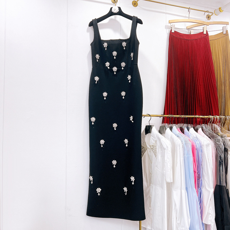 Thirteen Rows European and American Heavy Industries Nail Bead Diamond Elastic Bandage Tank Top Long Dress Long Dress Long Skirt A3 # 5536