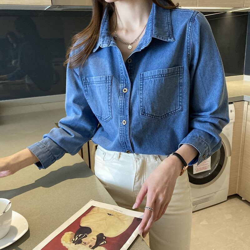 Deep Blue Retro Shoulder Port Style Soft Cowboy Shirt for Women's New Spring and Autumn 2025 Spring Fashion New Small Top Deep Blue Retro Shoulder Port Style Soft Cowboy Shirt for Women's New Spring and Autumn 2025 Spring Fashion New Small Top