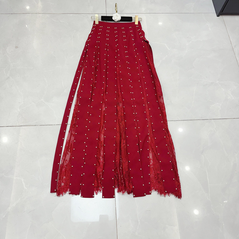 Thirteen lines French dark style sexy super long skirt new rivet decoration lace patchwork skirt C1 # 1621 Thirteen lines French dark style sexy super long skirt new rivet decoration lace patchwork skirt C1 # 1621