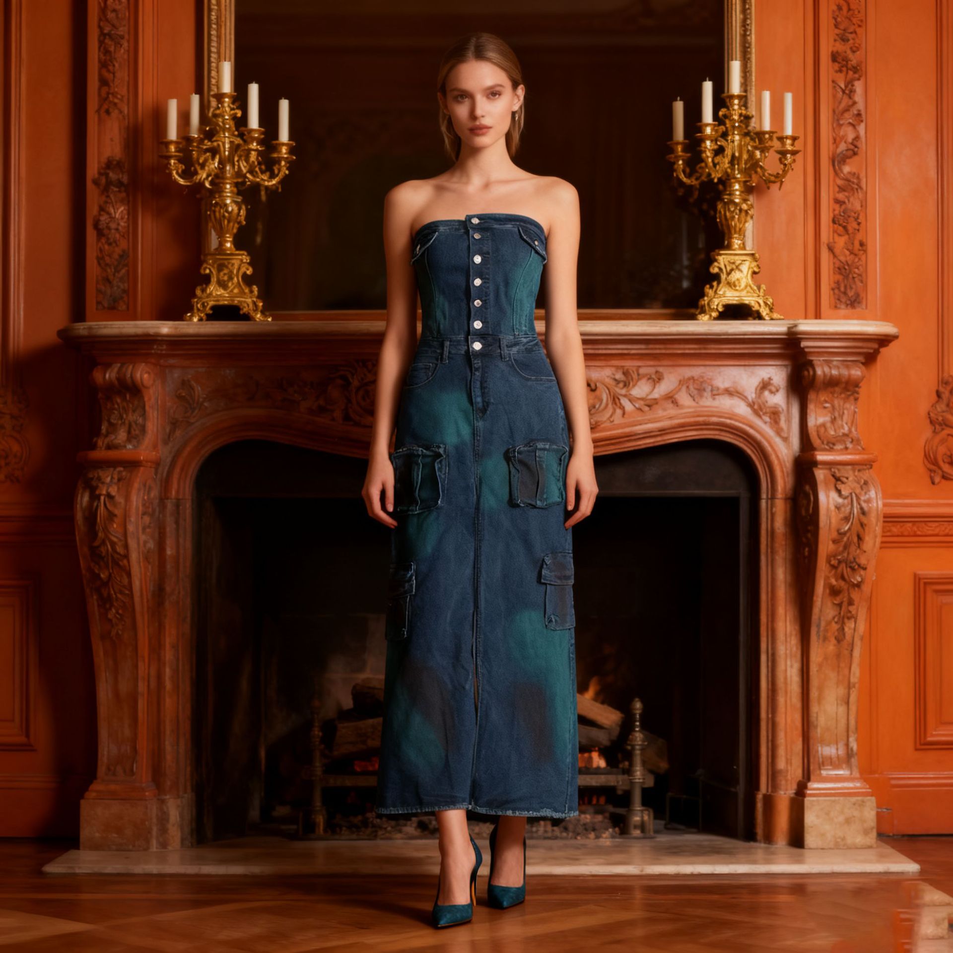 French retro slit strapless dress 2025 new style spliced pocket design cinched waist slimming denim dress for women