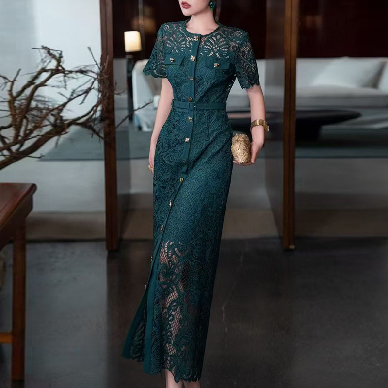 Elegant Retro Dress 2025 New Heavy Industry Hollow Lace Slimming and Slimming Round Neck Metal Button Long Dress for Women