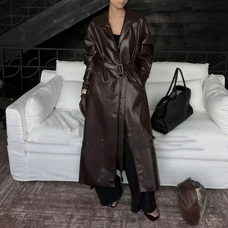 French retro personalized leather jacket 2025 new lace up waist collection solid color temperament high-end long windbreaker for women