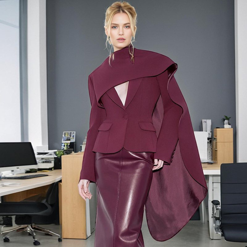 Retro style deep V waist slimming solid color top 2025 new design sense splicing shawl style suit jacket for women