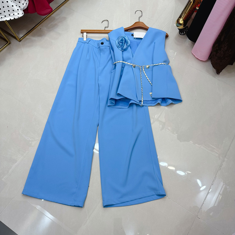 Thirteen line fashion V-neck sleeveless three-dimensional flower chain belt suit vest top pants set C2 # 2511