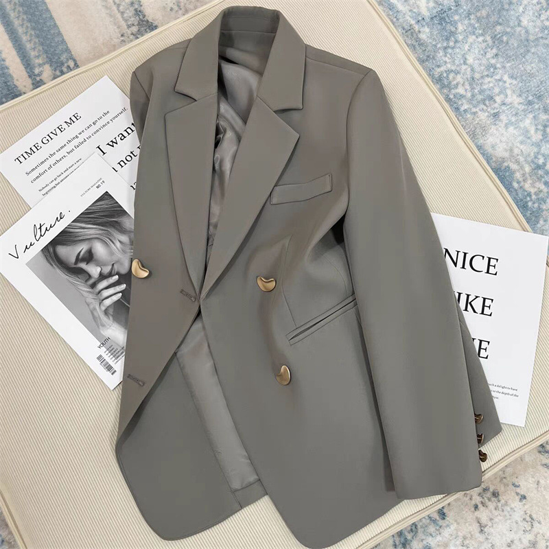 2025 Spring and Autumn New Grey Korean Edition British Style Suit Coat for Women, French Texture Fashion Small Suit