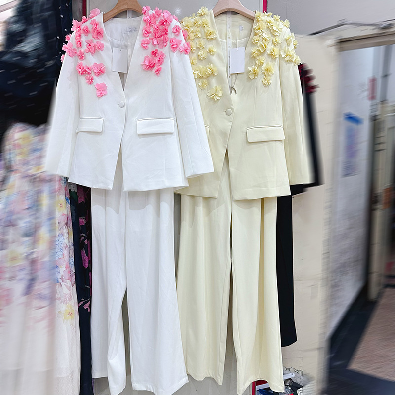 Thirteen line high-end fashion outfit with French handmade flower one button suit+straight leg pants 2-piece set A1 # 1026