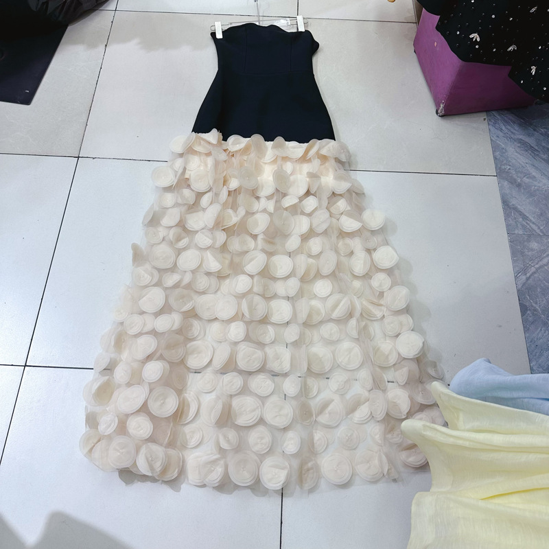 Thirteen lines new black strapless long dress with mesh arrangement for slimming effect, casual dress, formal dress A2 # 8171