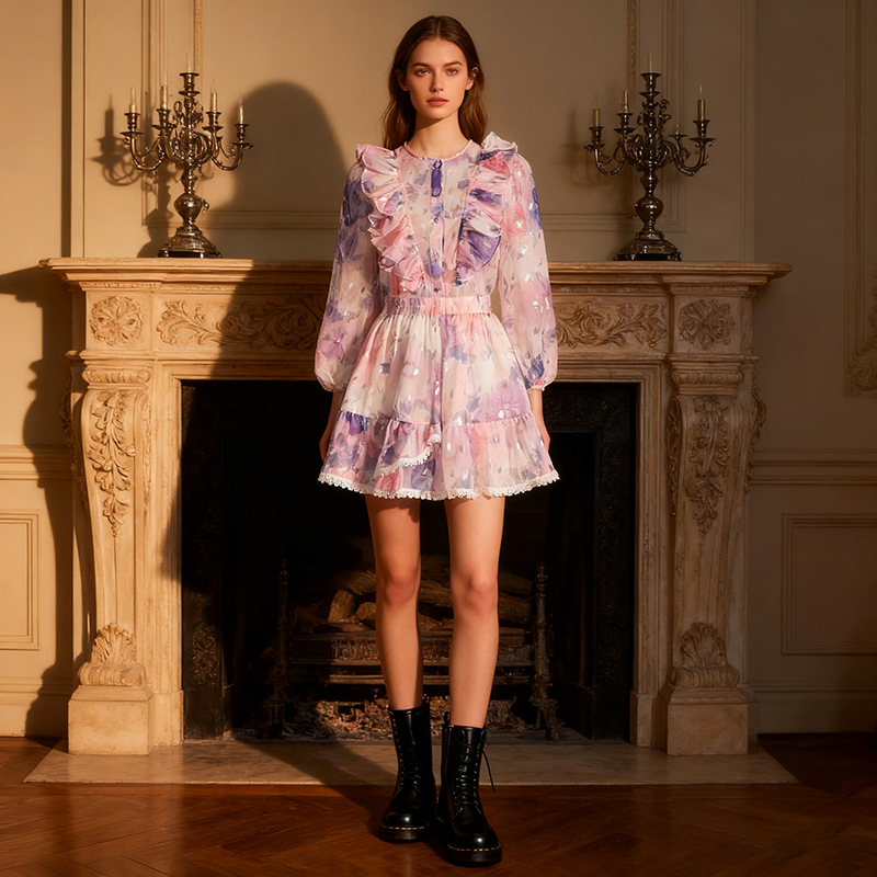 Retro countryside style two-piece set for women 2025 new fashionable printed round neck long sleeved top+high waist slimming short skirt