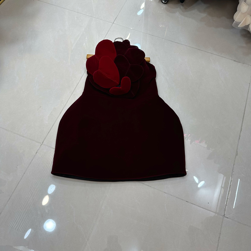 Thirteen line Australian niche design white velvet three-dimensional handmade heart strapless dress A2 # 8357