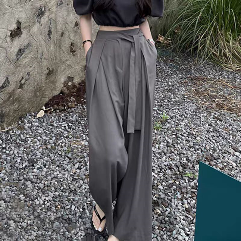 Korean chic niche versatile high waisted pleated asymmetrical strap design with hanging sensation, wide legs, floor length pants, long pants for women Korean chic niche versatile high waisted pleated asymmetrical strap design with hanging sensation, wide legs, floor length pants, long pants for women