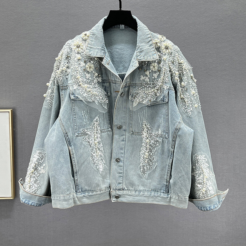 Heavy industry nail bead inlaid diamond splicing denim jacket for women, spring 2024 new loose and slimming European jacket top