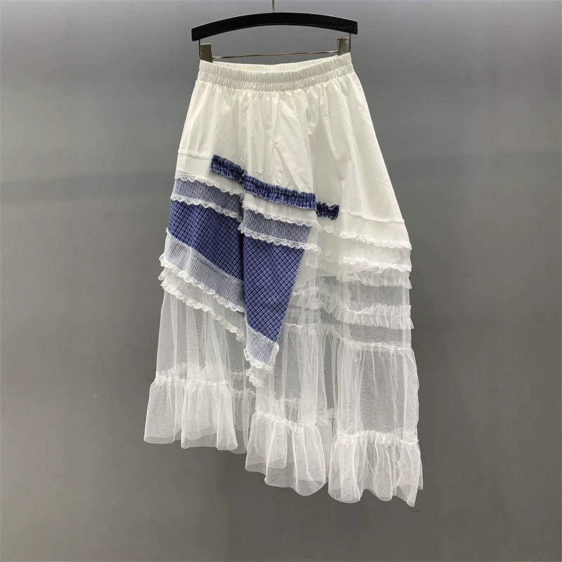 Irregular lace mesh patchwork skirt for women's summer 2025 new high waisted loose fit slimming A-line large swing long skirt