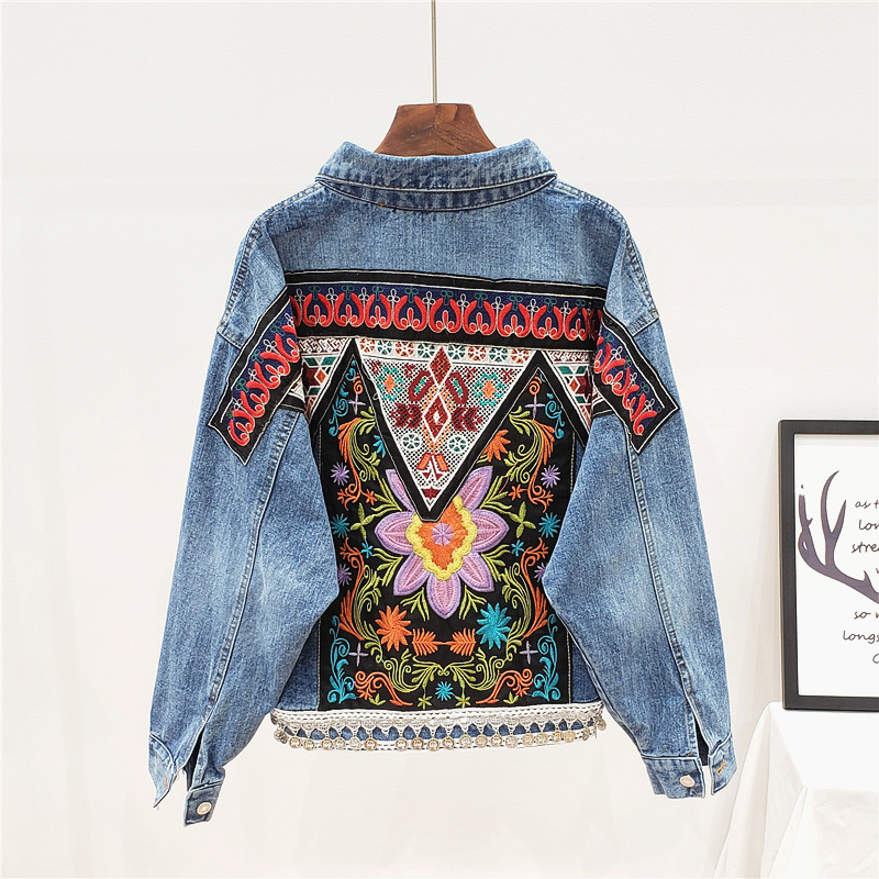 Thailand Chaopai 2023 Autumn New Heavy Industry Embroidery Patch Bohemia Vintage Loose Denim Women's Coat
