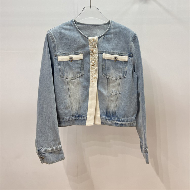 European Station 2025 Spring and Autumn New Design Sense Heavy Industry Nail Bead Long Sleeve Cowboy Jacket Top Women's Trendy Brand