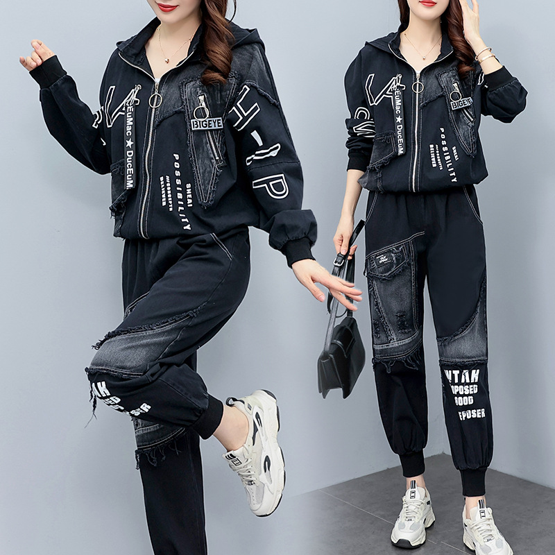 European fashion brand 2023 new spring and autumn denim suit women's coat cardigan hip-hop fashion loose two-piece set cross-border
